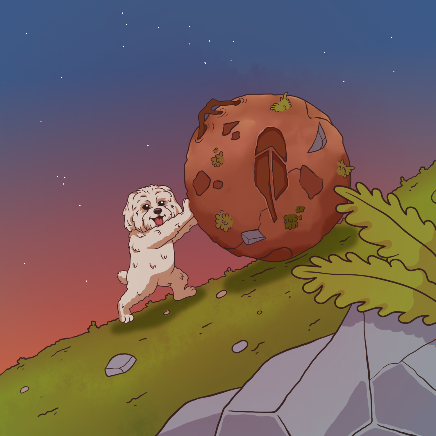 Brodie pushing a boulder like Sisyphus
