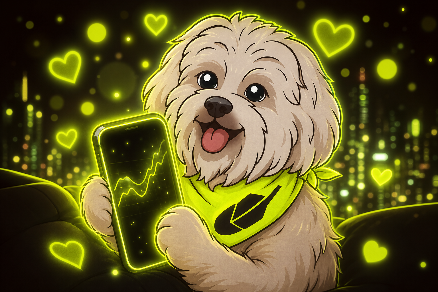 Brodie with glowing phone surrounded by neon hearts