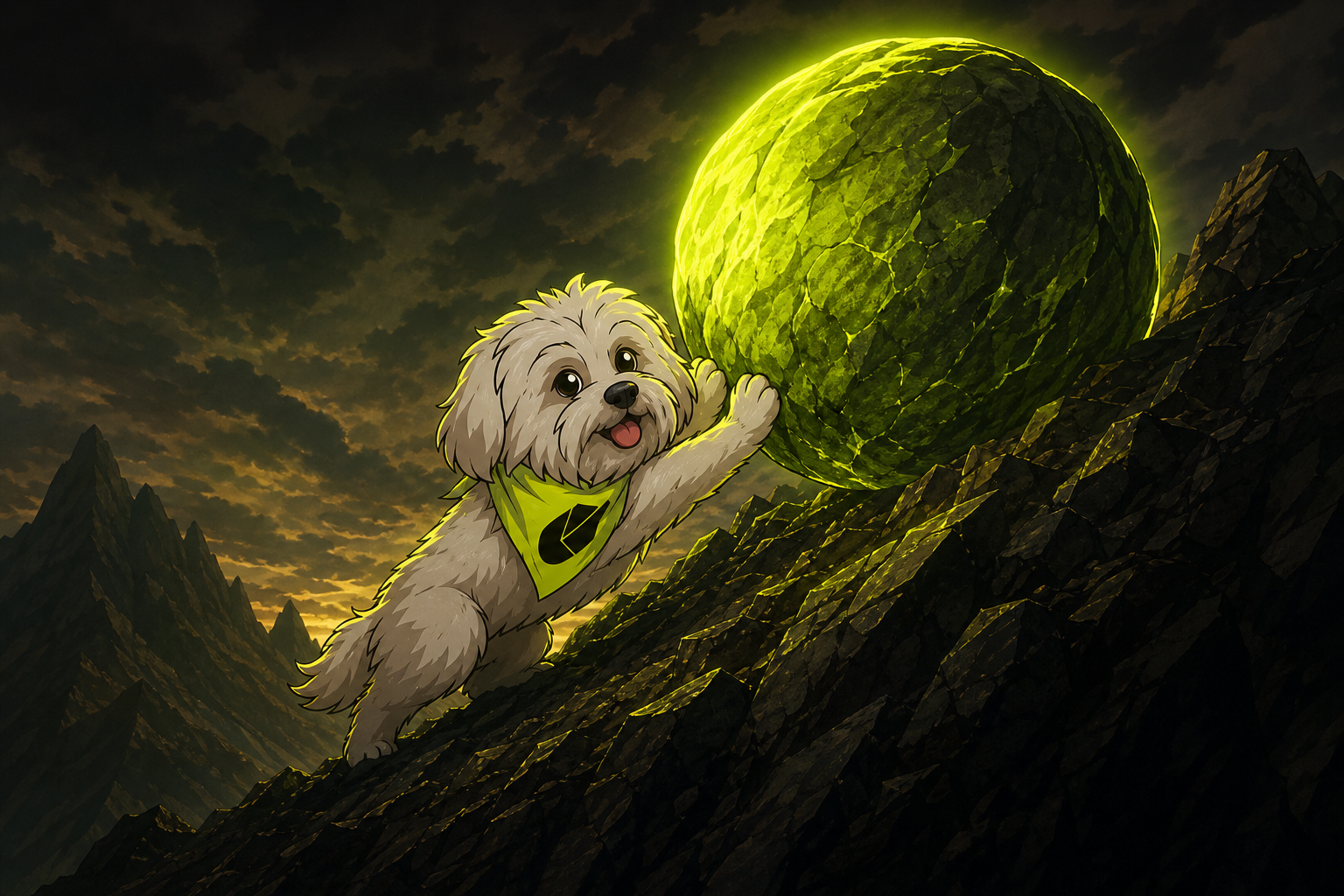 Brodie pushing a neon boulder up a hill